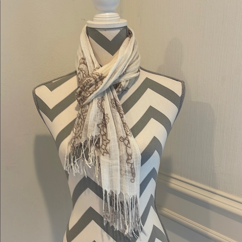 Cream and Brown Patterned Lightweight Fashion Scarf